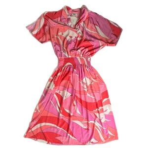 Vintage Malia Stunning Abstract Art To Wear 1960s Midi Dress Smocking Small - M